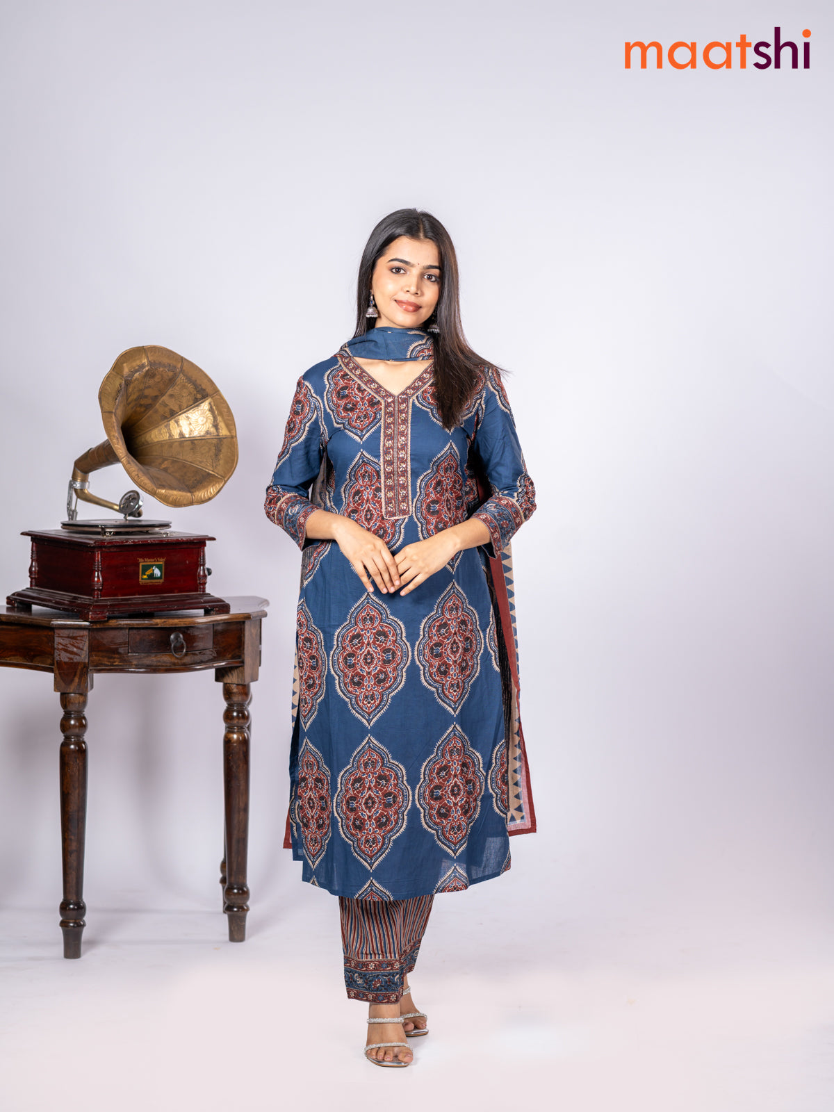 Cotton salwar suit navy blue and maroon with allover floral prints & sequin lace work v neck pattern and straight cut pant & dupatta