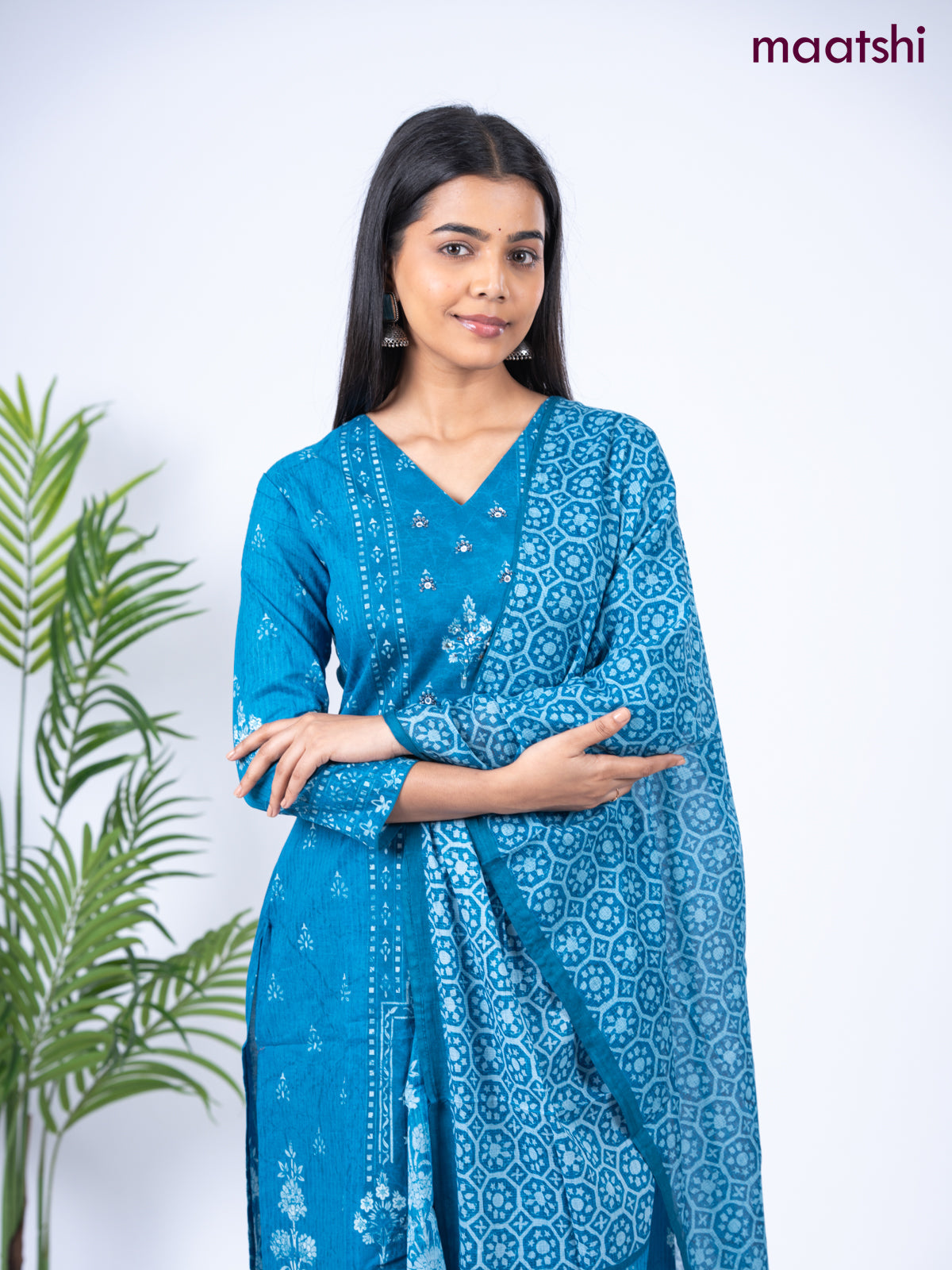 Cotton salwar suit blue with allover prints & mirror sequin work v neck pattern and straight cut pant & dupatta