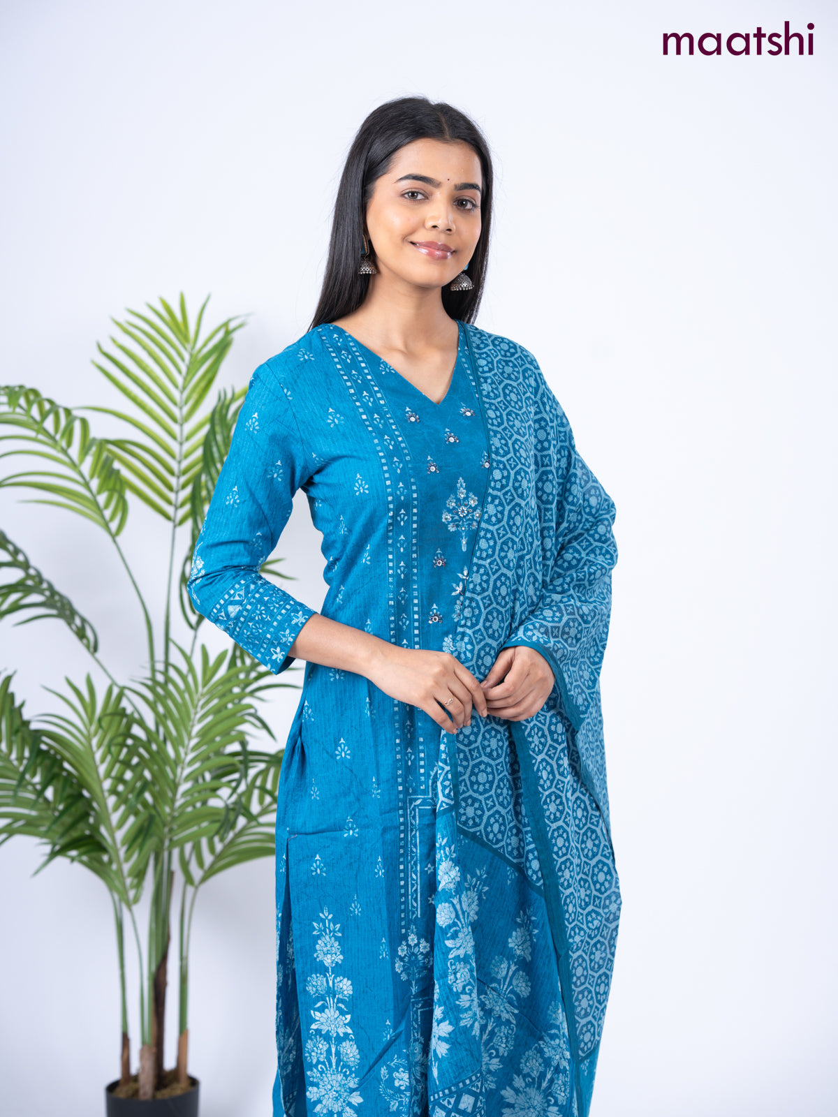 Cotton salwar suit blue with allover prints & mirror sequin work v neck pattern and straight cut pant & dupatta