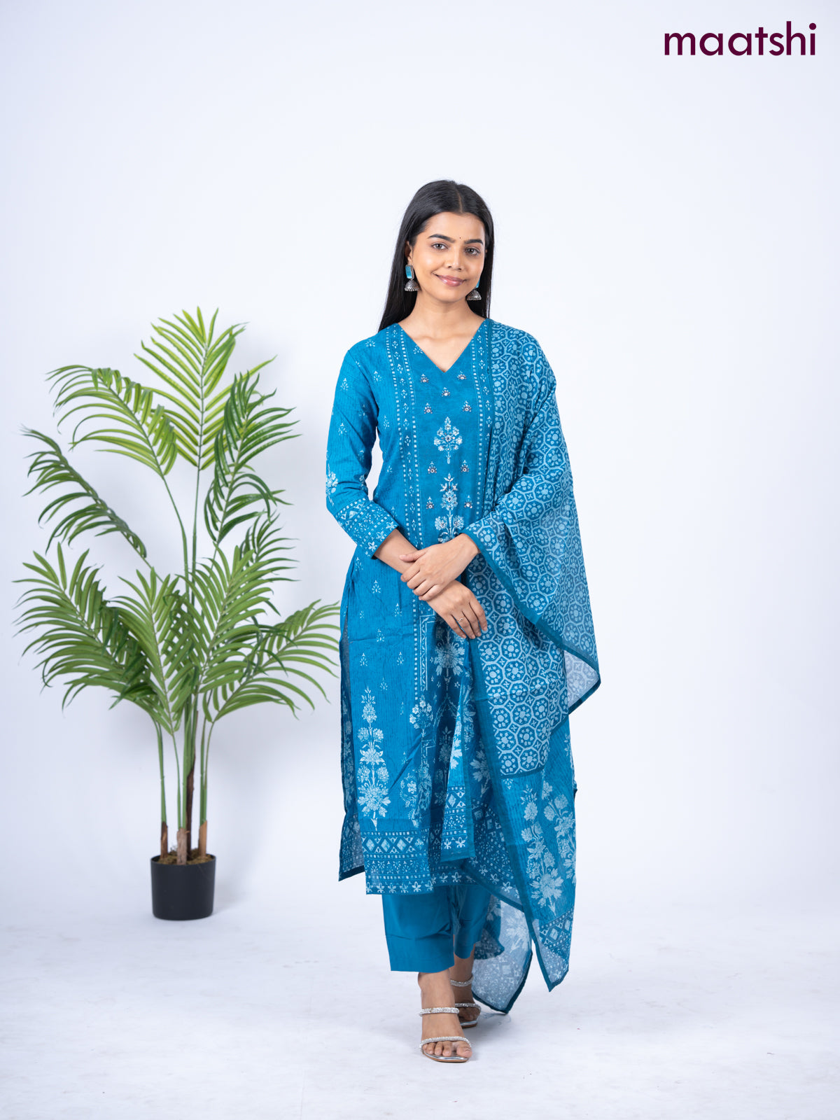 Cotton salwar suit blue with allover prints & mirror sequin work v neck pattern and straight cut pant & dupatta
