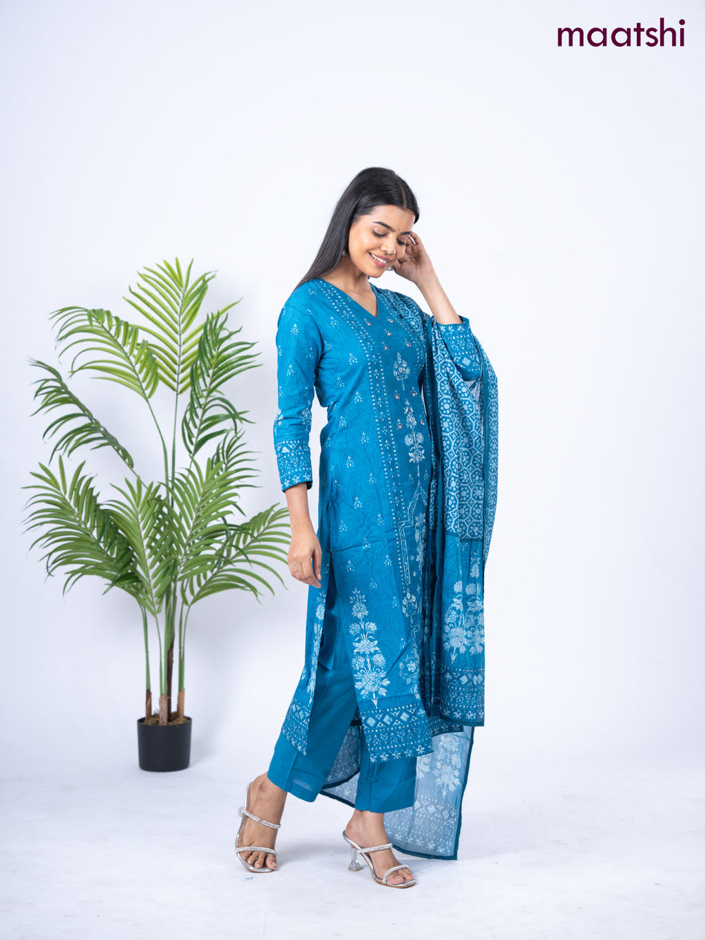 Cotton salwar suit blue with allover prints & mirror sequin work v neck pattern and straight cut pant & dupatta