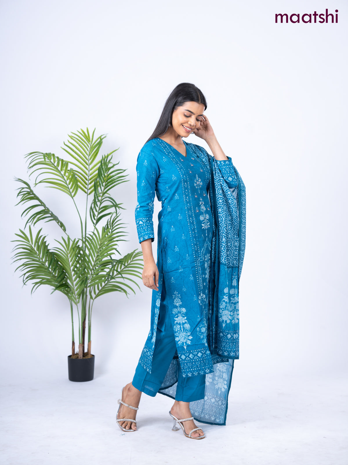 Cotton salwar suit blue with allover prints & mirror sequin work v neck pattern and straight cut pant & dupatta