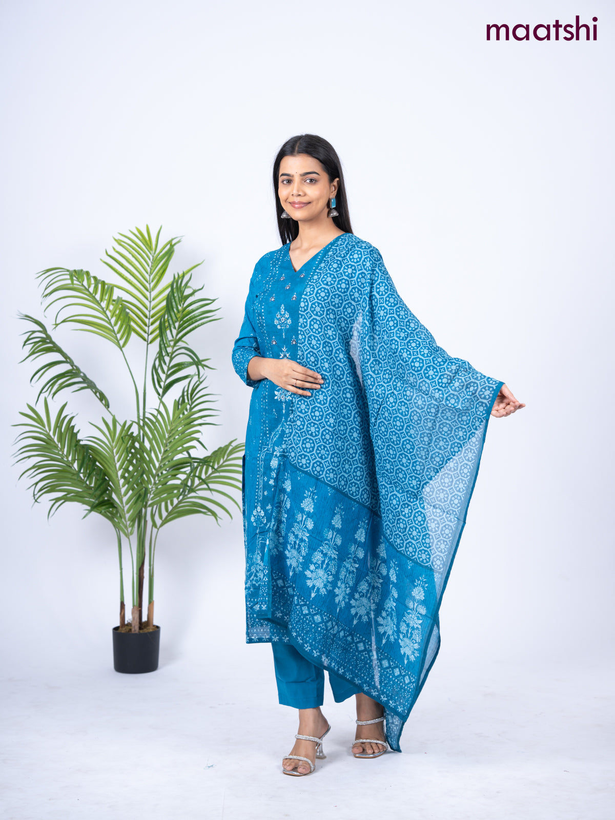 Cotton salwar suit blue with allover prints & mirror sequin work v neck pattern and straight cut pant & dupatta