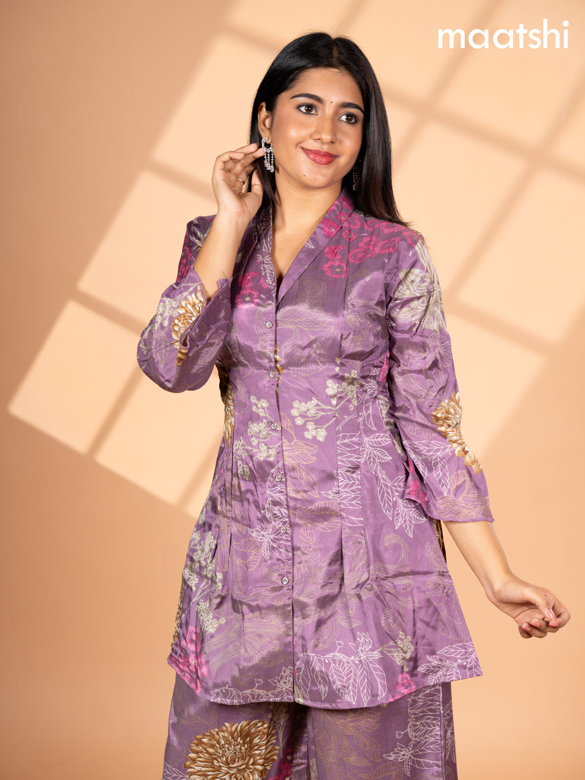Crepe co-ord set pastel purple with allover floral prints & collar neck pattern and straight cut pant