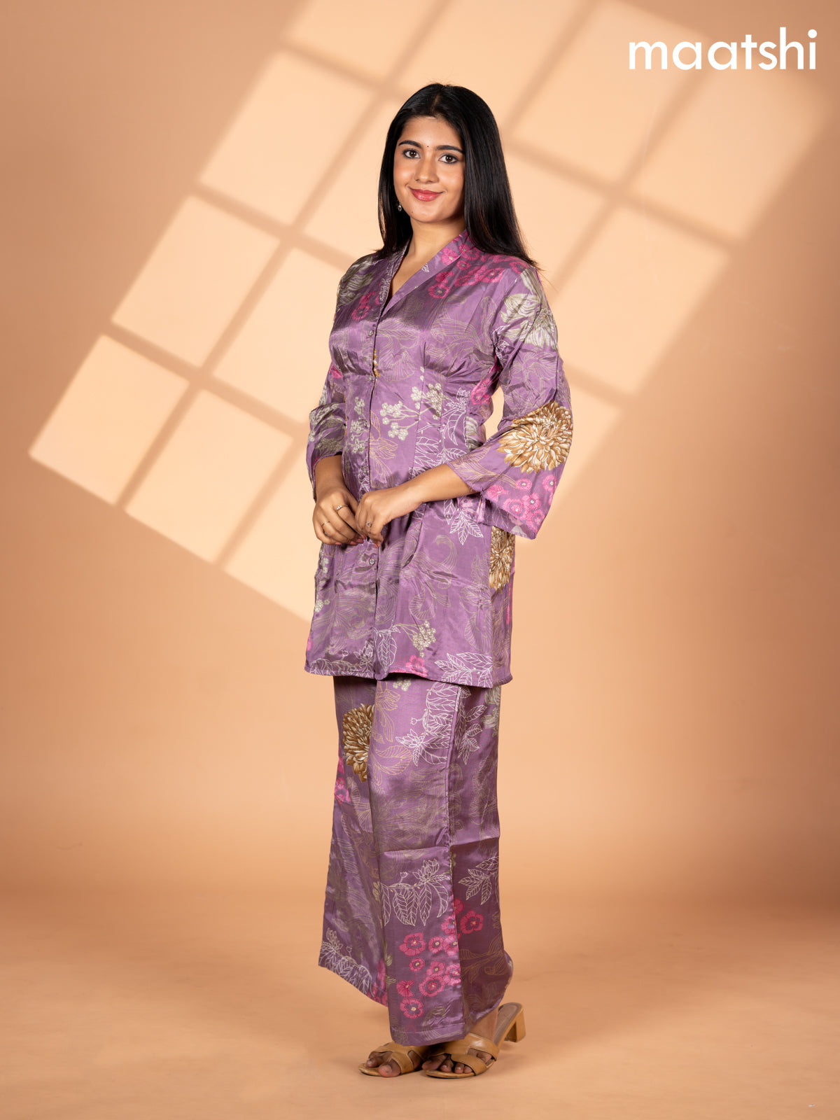 Crepe co-ord set pastel purple with allover floral prints & collar neck pattern and straight cut pant