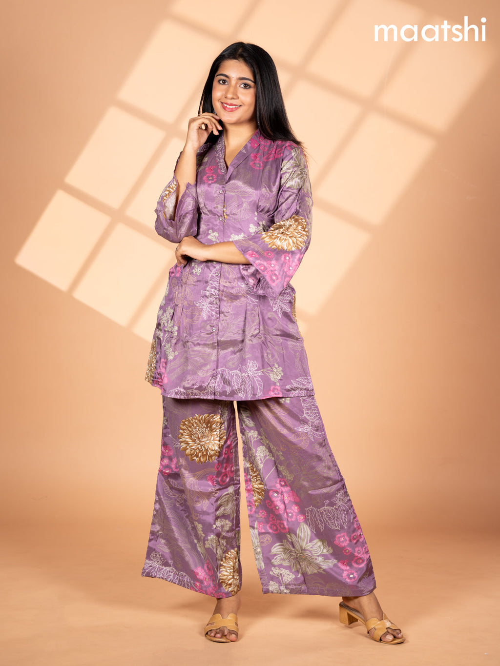 Crepe co-ord set pastel purple with allover floral prints & collar neck pattern and straight cut pant