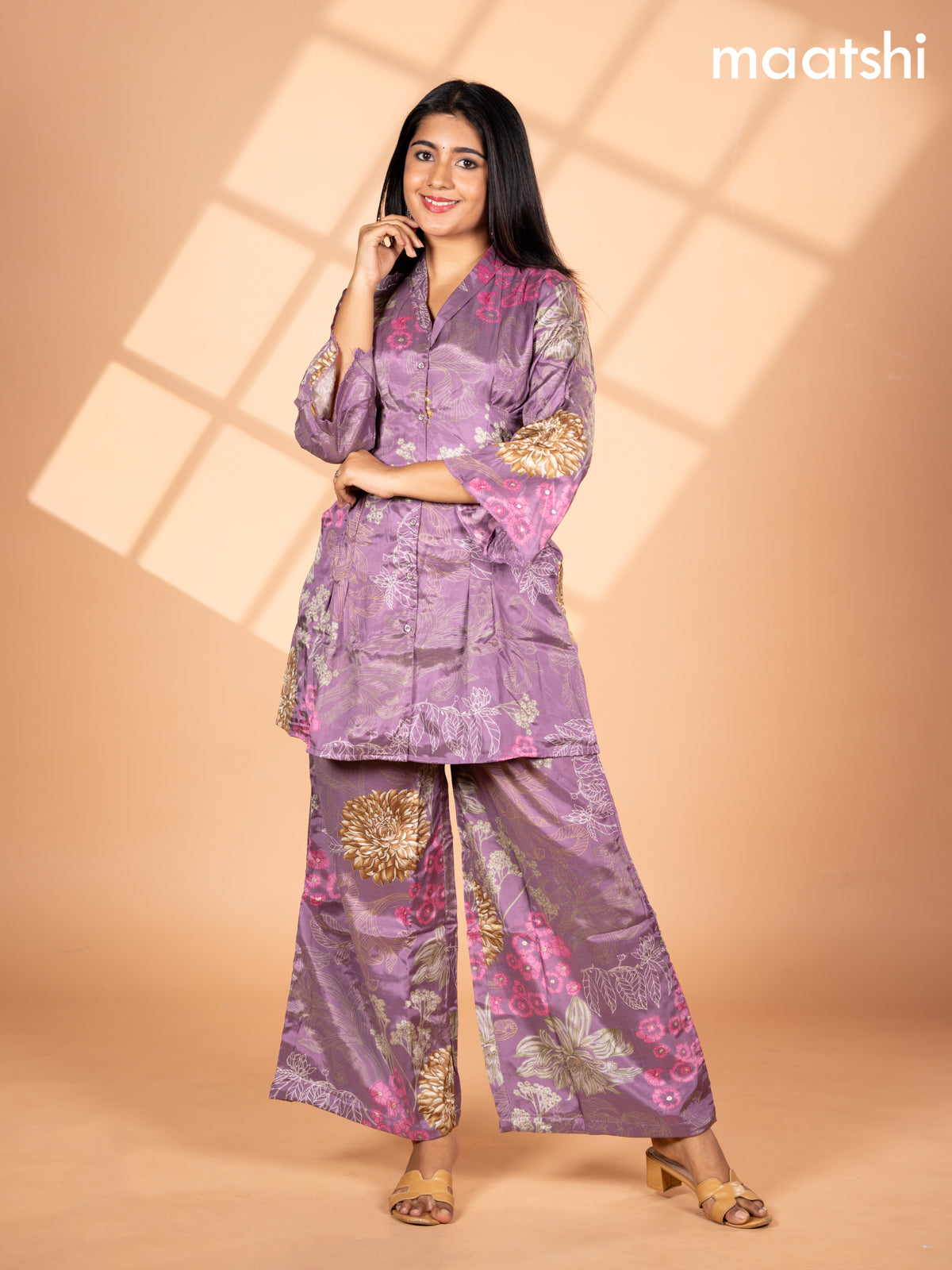 Crepe co-ord set pastel purple with allover floral prints & collar neck pattern and straight cut pant