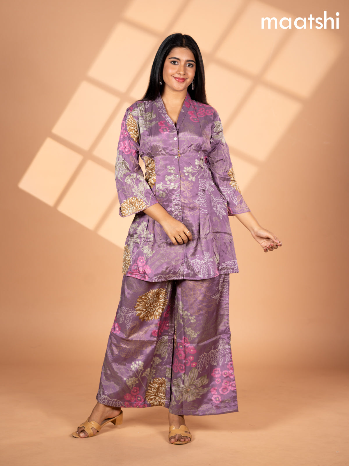 Crepe co-ord set pastel purple with allover floral prints & collar neck pattern and straight cut pant