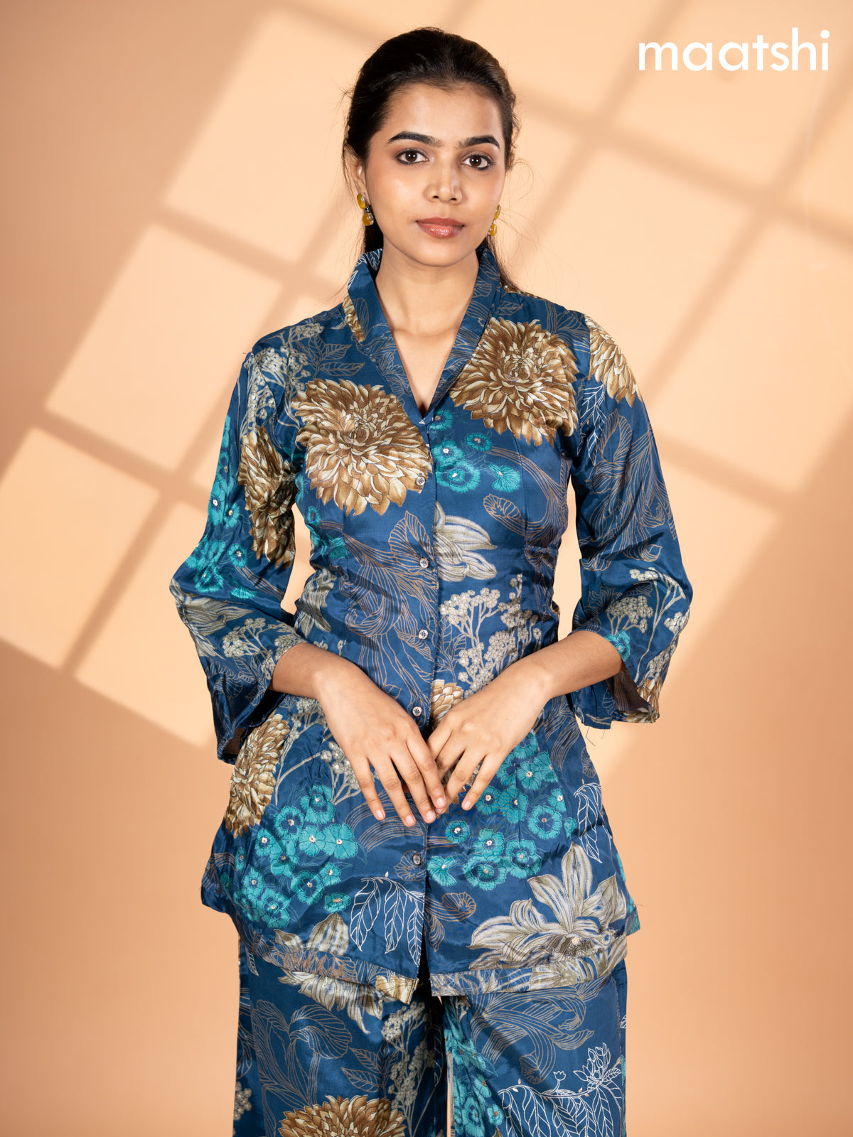 Crepe co-ord set peacock blue with allover floral prints & collar neck pattern and straight cut pant