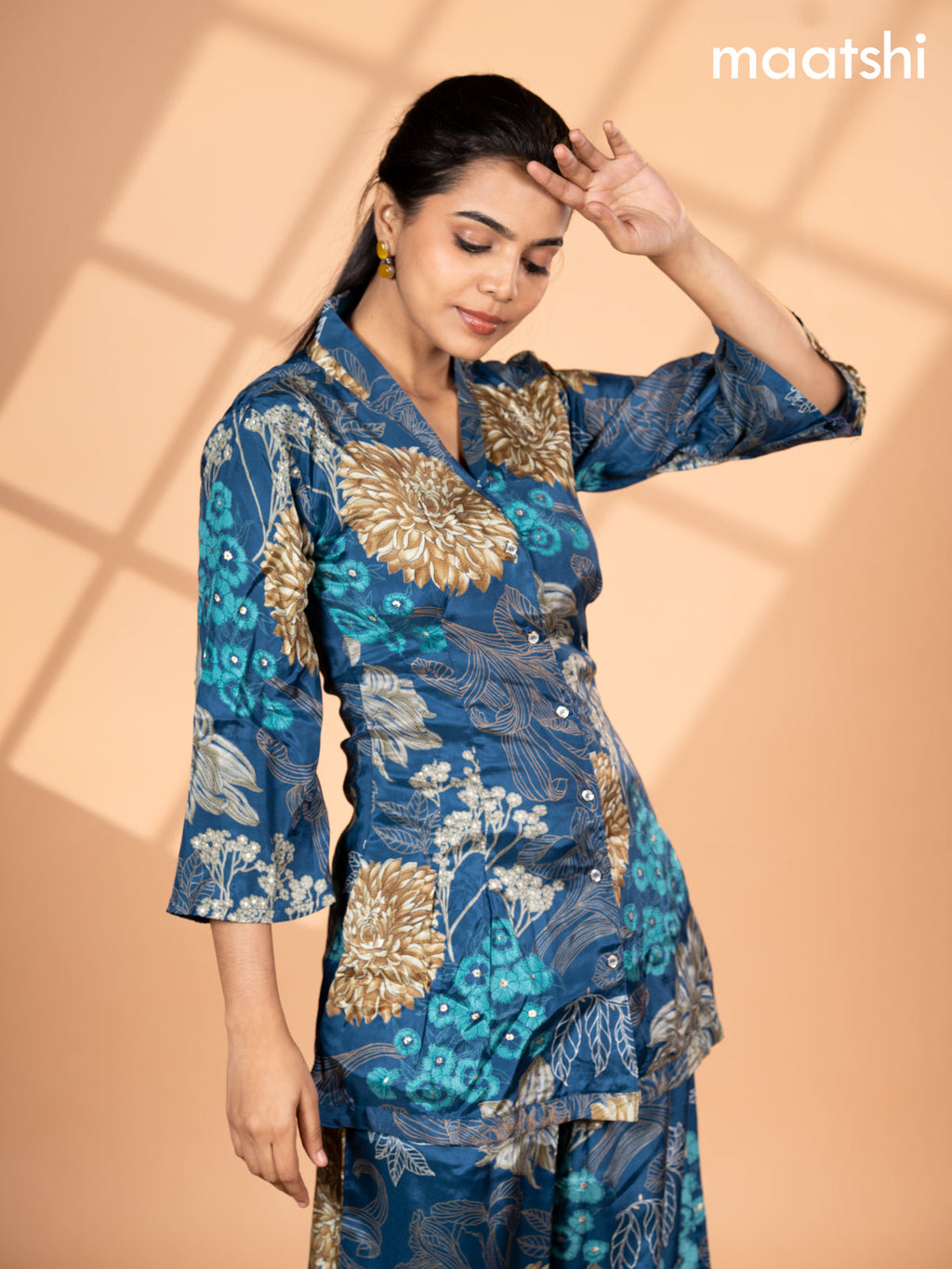 Crepe co-ord set peacock blue with allover floral prints & collar neck pattern and straight cut pant