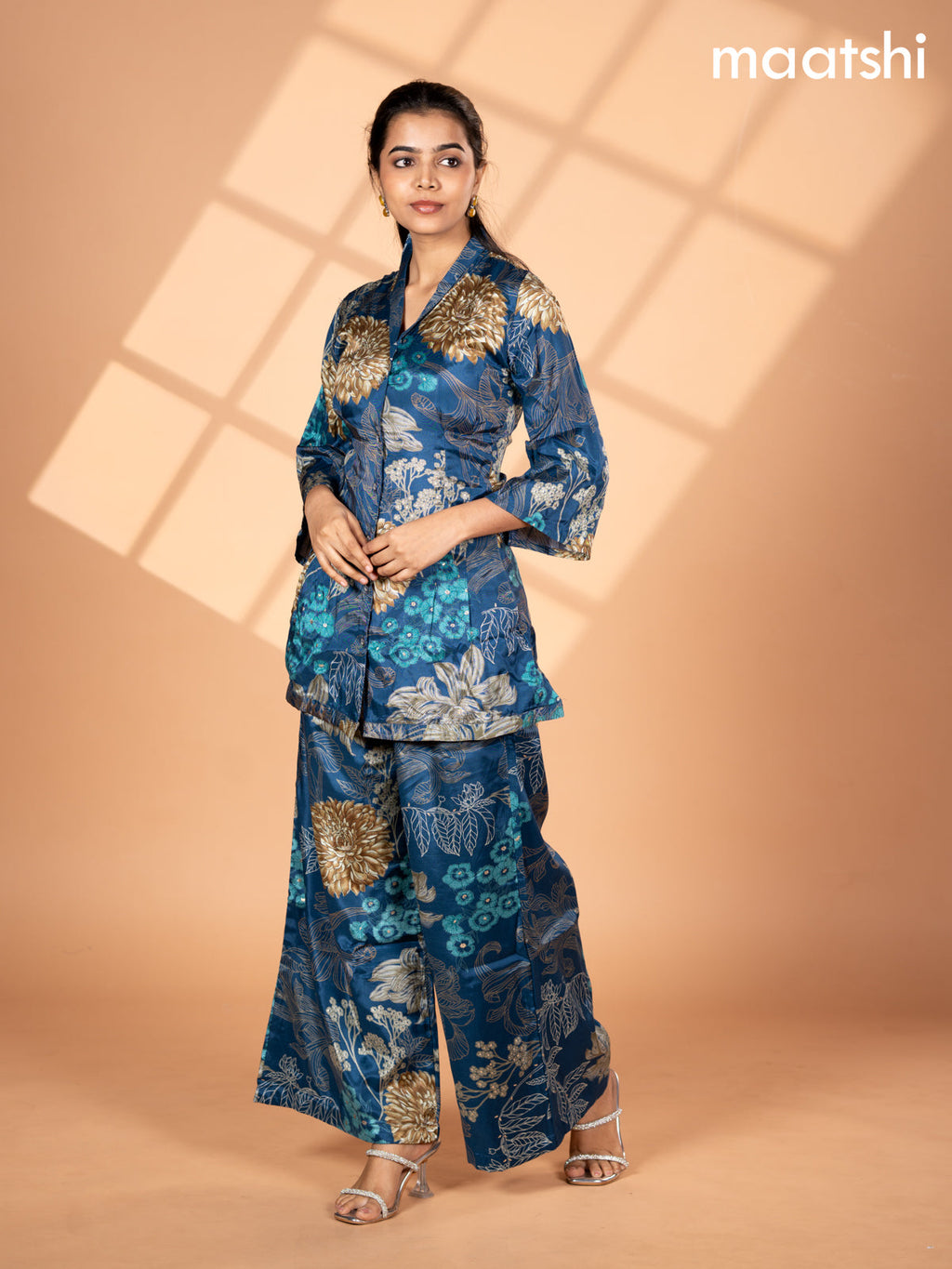 Crepe co-ord set peacock blue with allover floral prints & collar neck pattern and straight cut pant