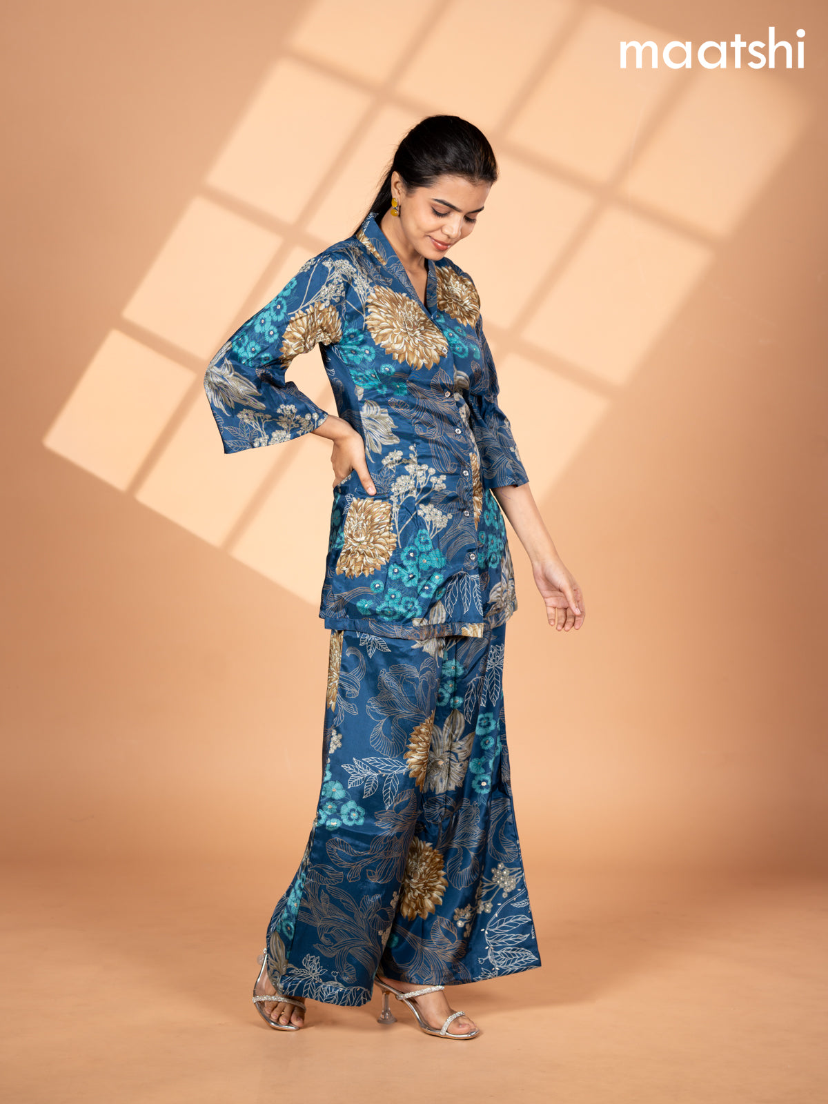 Crepe co-ord set peacock blue with allover floral prints & collar neck pattern and straight cut pant