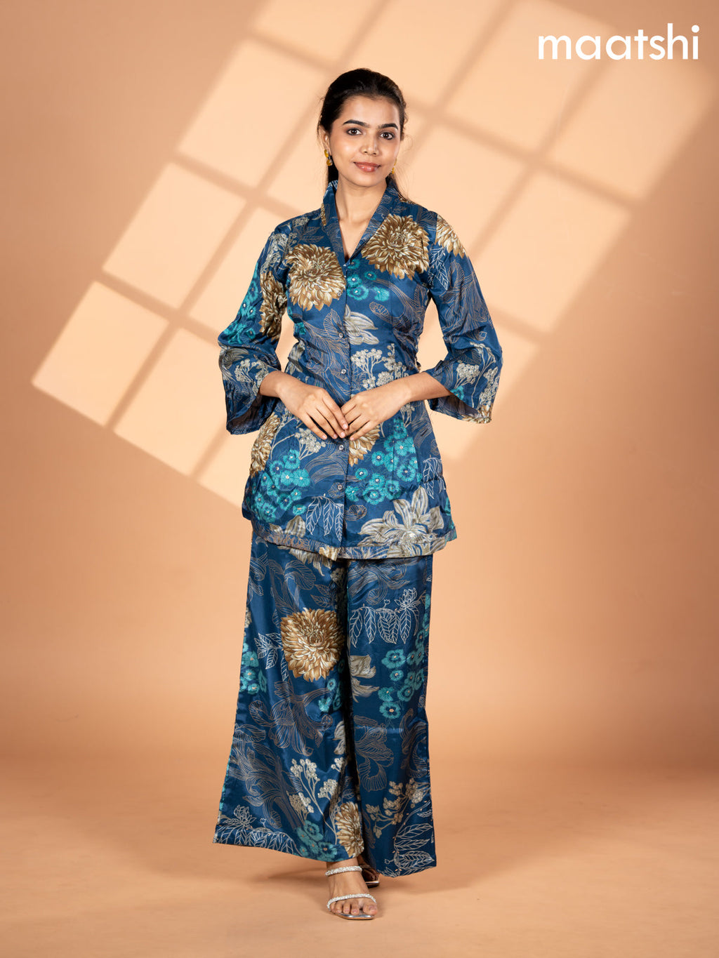 Crepe co-ord set peacock blue with allover floral prints & collar neck pattern and straight cut pant