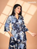 Crepe co-ord set navy blue and cream with allover floral prints & collar neck pattern and straight cut pant