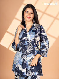 Crepe co-ord set navy blue and cream with allover floral prints & collar neck pattern and straight cut pant