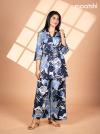 Crepe co-ord set navy blue and cream with allover floral prints & collar neck pattern and straight cut pant