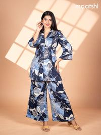 Crepe co-ord set navy blue and cream with allover floral prints & collar neck pattern and straight cut pant