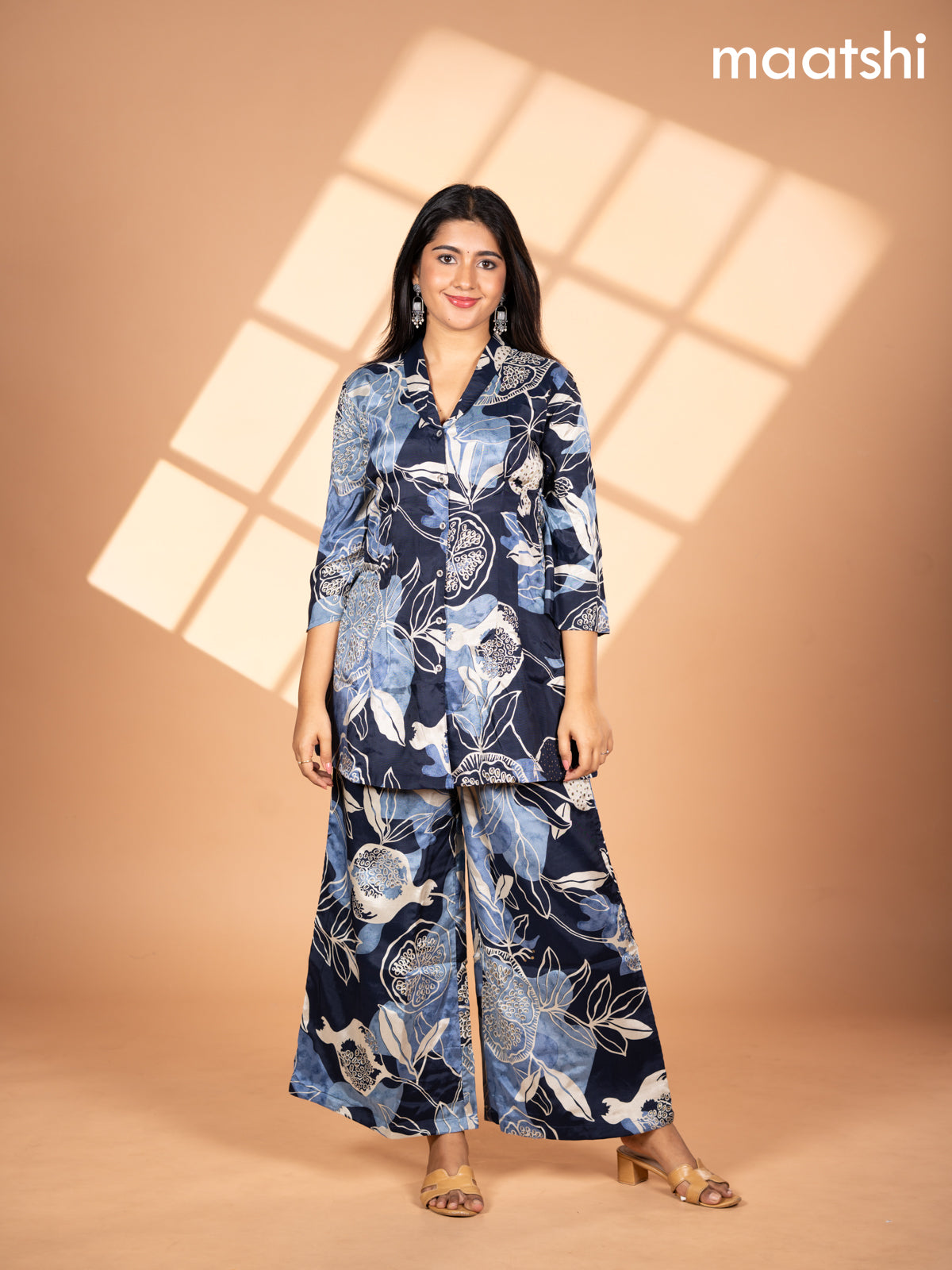 Crepe co-ord set navy blue and cream with allover floral prints & collar neck pattern and straight cut pant