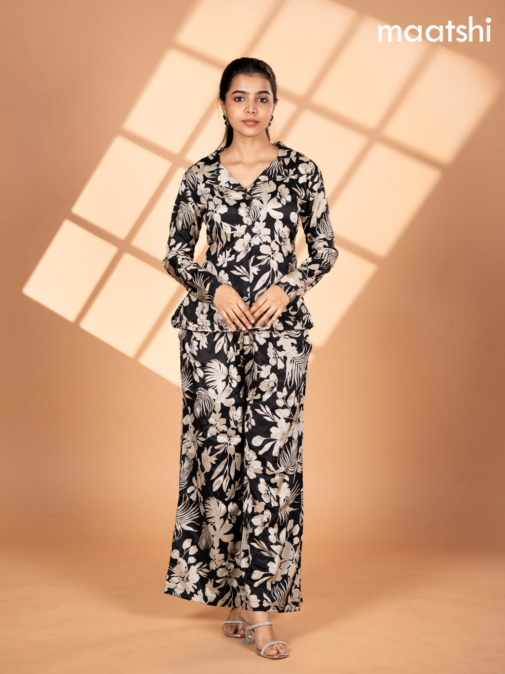 Crepe co-ord set black and cream with allover floral prints & collar neck pattern and straight cut pant