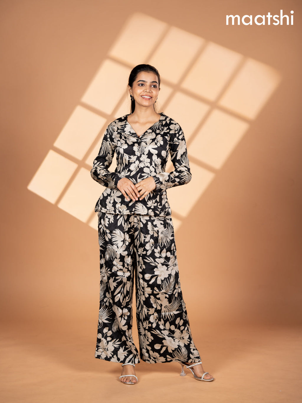 Crepe co-ord set black and cream with allover floral prints & collar neck pattern and straight cut pant