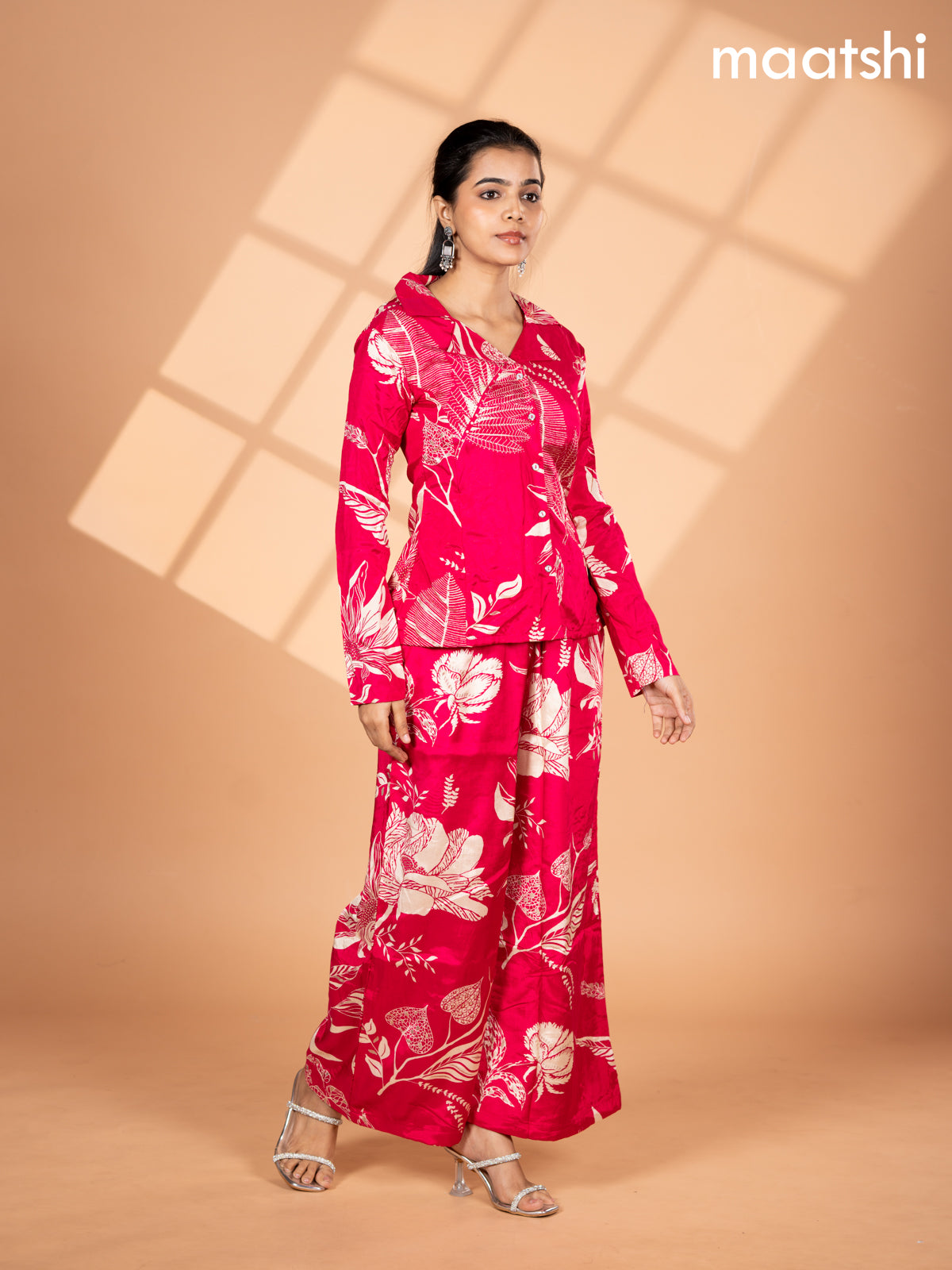 Crepe co-ord set pink and cream with allover floral prints & collar neck pattern and straight cut pant