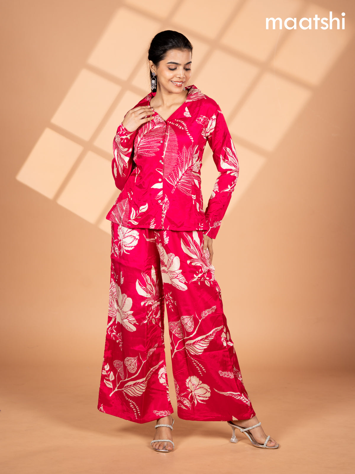 Crepe co-ord set pink and cream with allover floral prints & collar neck pattern and straight cut pant