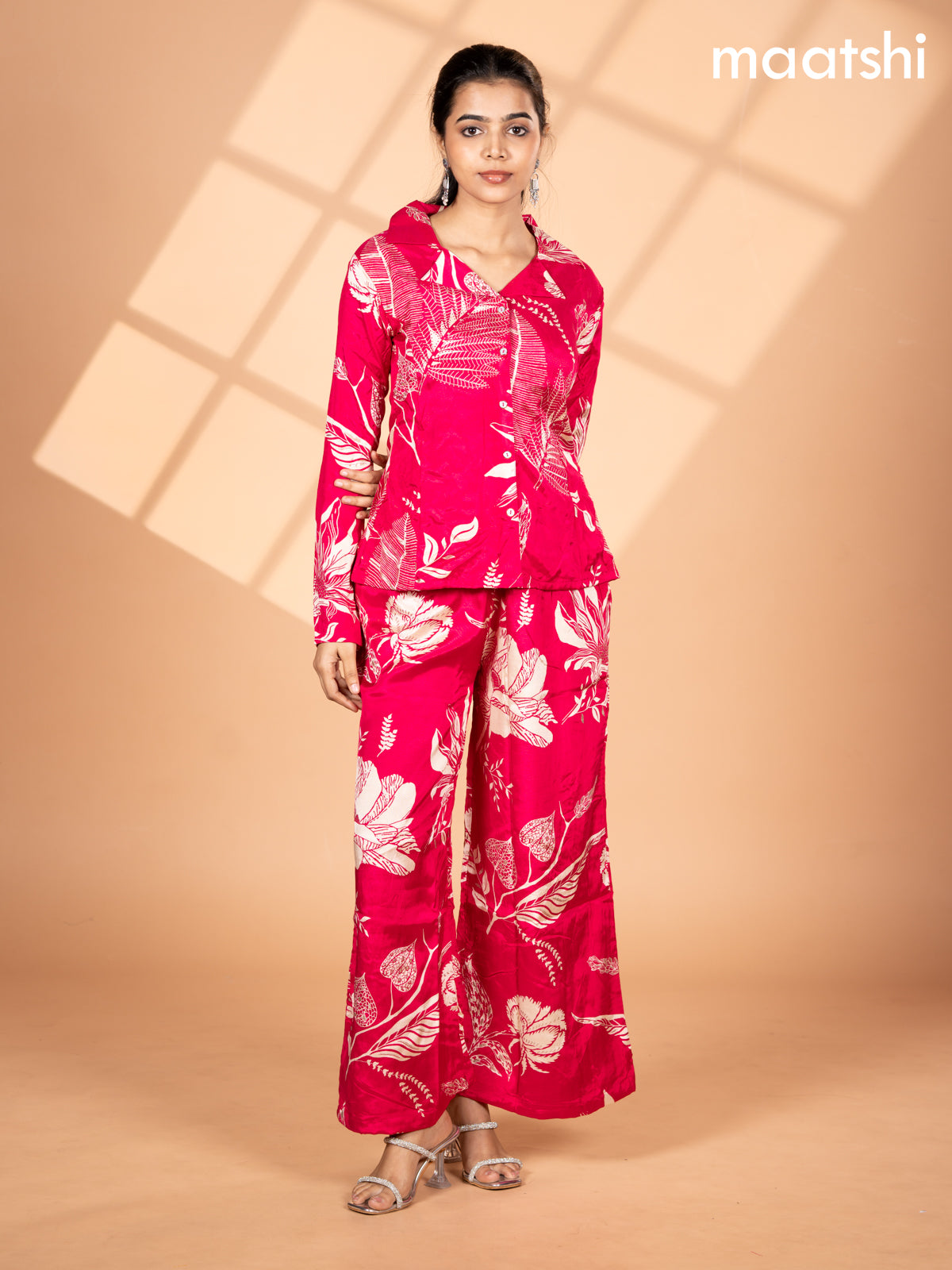 Crepe co-ord set pink and cream with allover floral prints & collar neck pattern and straight cut pant