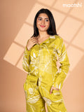 Crepe co-ord set lime green and cream with allover floral prints & collar neck pattern and straight cut pant
