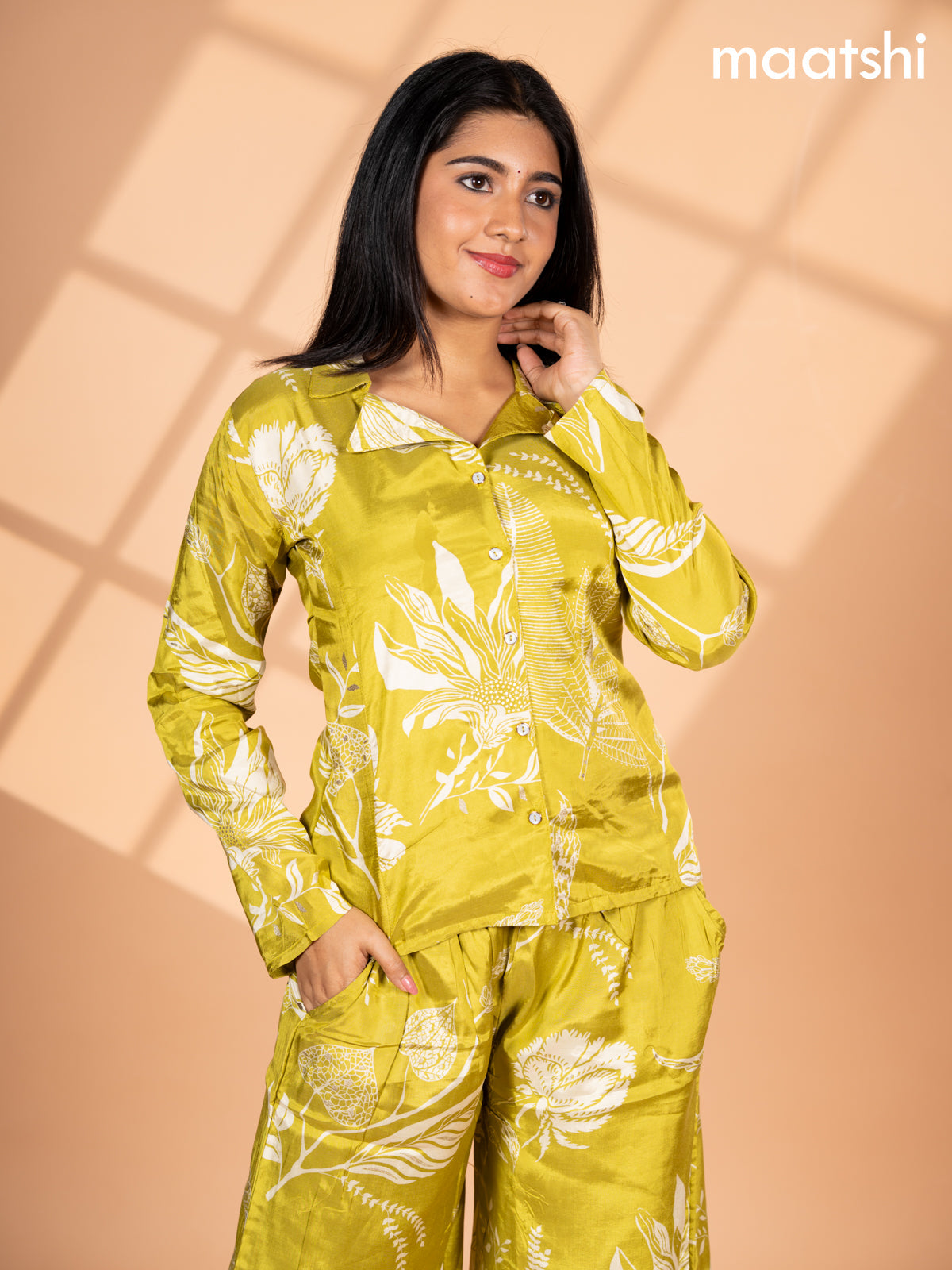 Crepe co-ord set lime green and cream with allover floral prints & collar neck pattern and straight cut pant