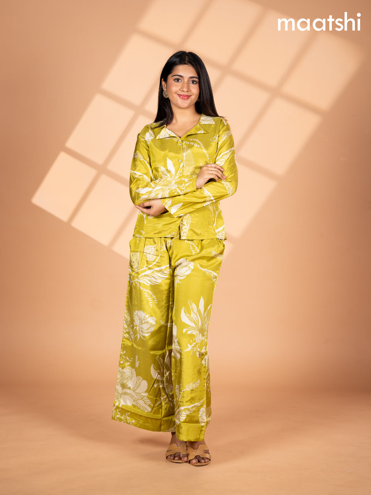 Crepe co-ord set lime green and cream with allover floral prints & collar neck pattern and straight cut pant