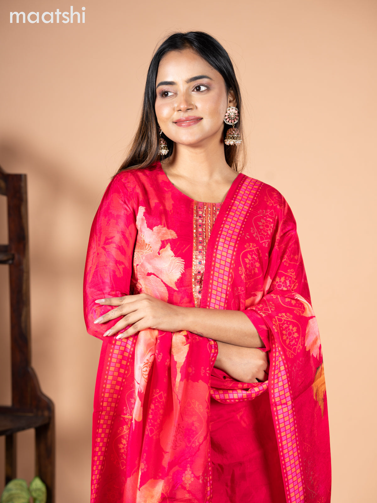 Banarasi silk salwar suit pink with allover floral prints & zardosi work neck pattern and straight cut pant & dupatta