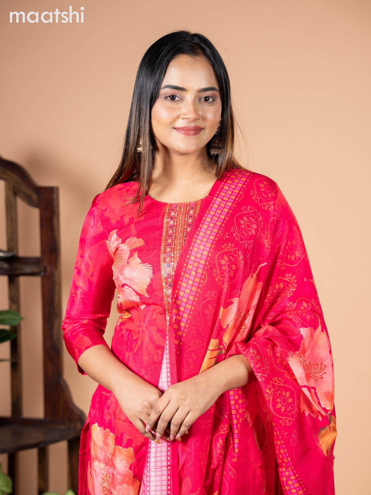 Banarasi silk salwar suit pink with allover floral prints & zardosi work neck pattern and straight cut pant & dupatta