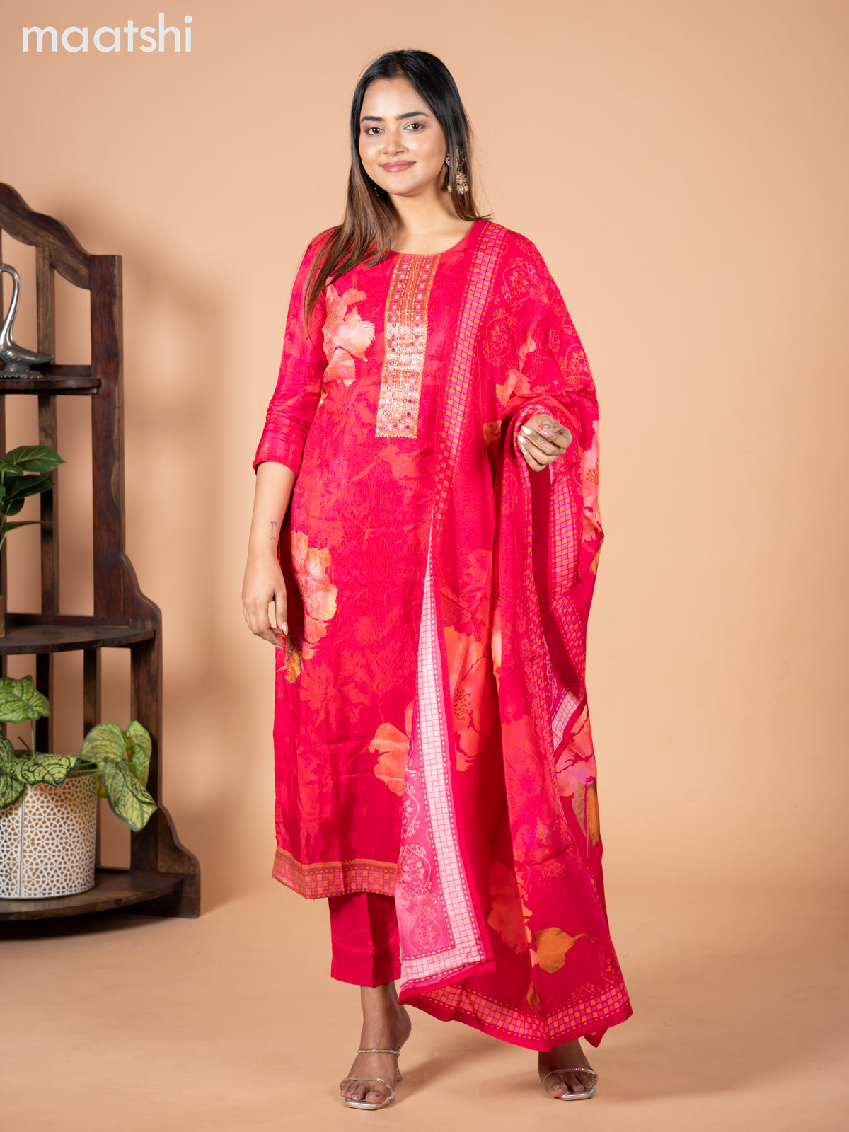 Banarasi silk salwar suit pink with allover floral prints & zardosi work neck pattern and straight cut pant & dupatta