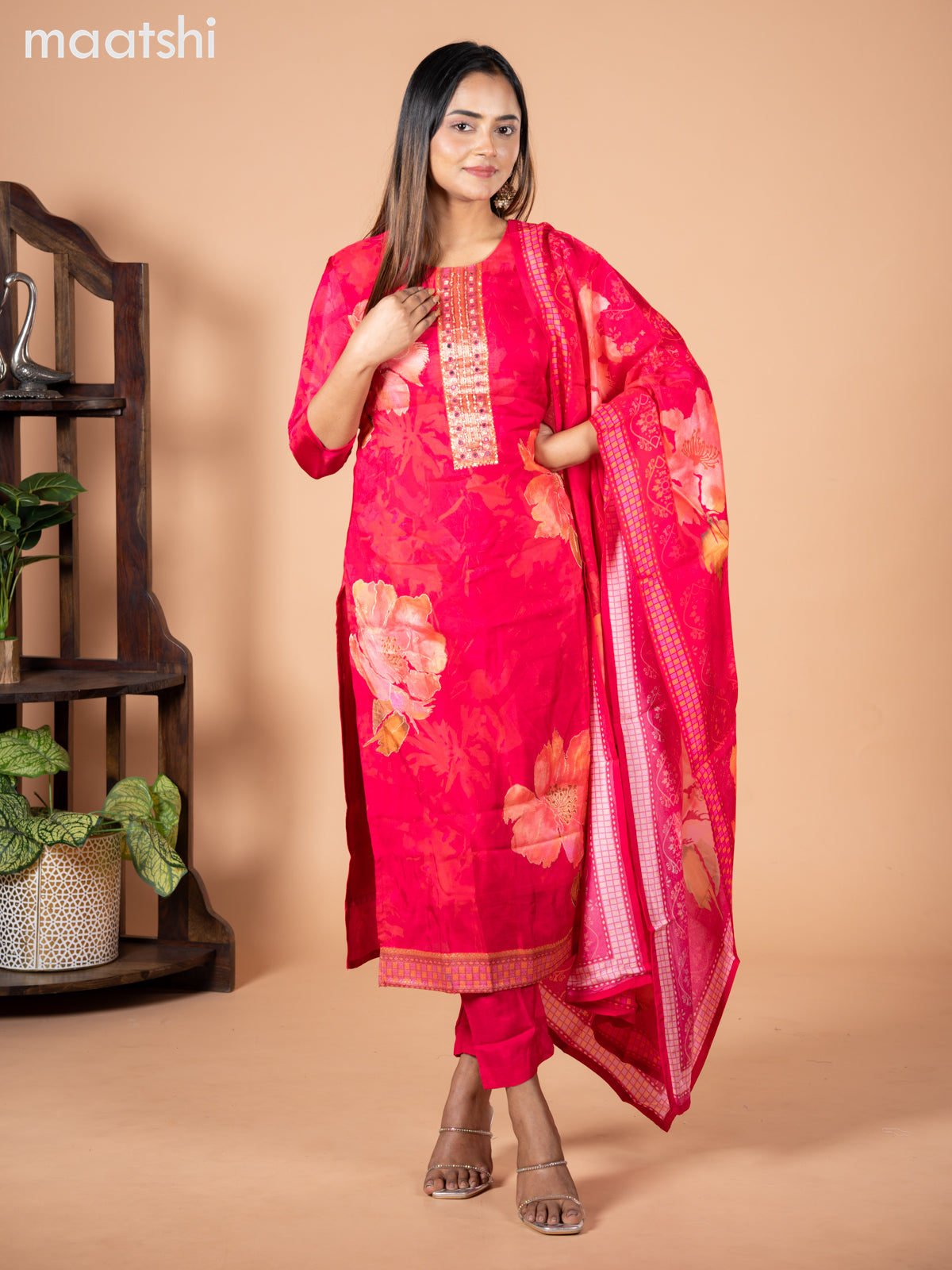 Banarasi silk salwar suit pink with allover floral prints & zardosi work neck pattern and straight cut pant & dupatta