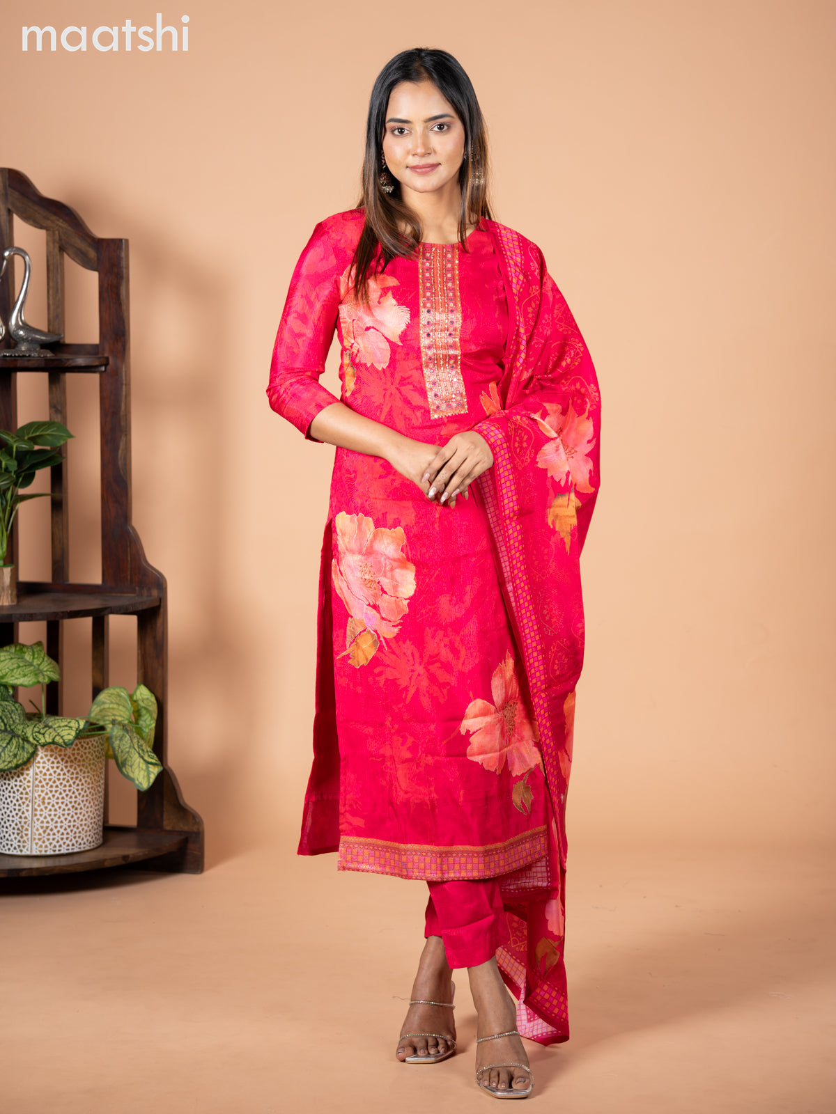Banarasi silk salwar suit pink with allover floral prints & zardosi work neck pattern and straight cut pant & dupatta
