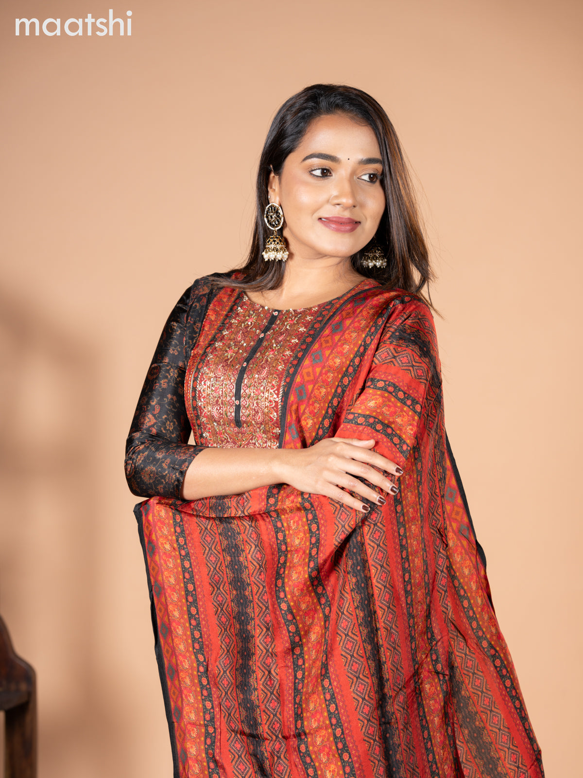 Banarasi silk salwar suit black with allover prints & zardosi work neck pattern and straight cut pant & dupatta
