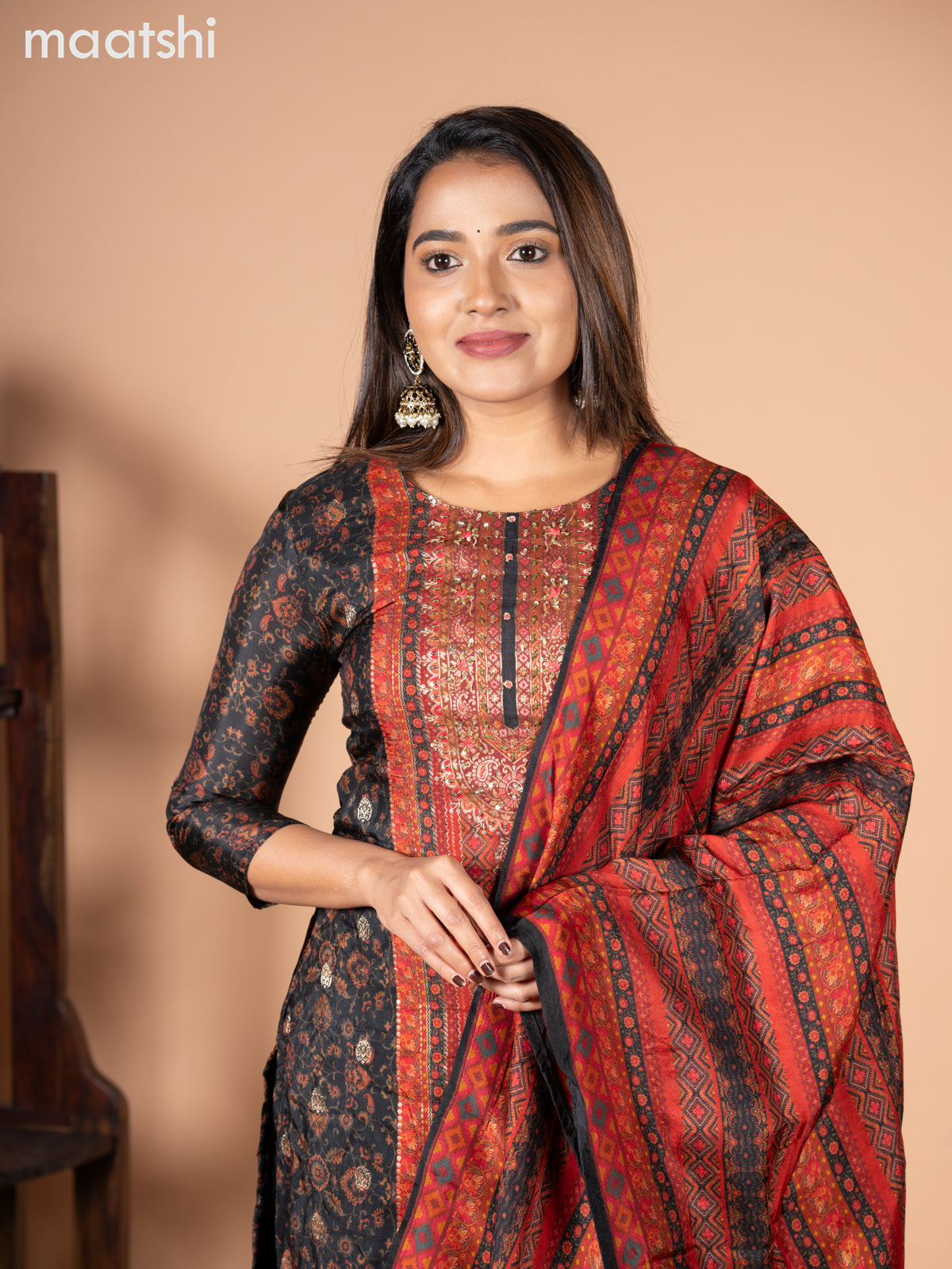 Banarasi silk salwar suit black with allover prints & zardosi work neck pattern and straight cut pant & dupatta