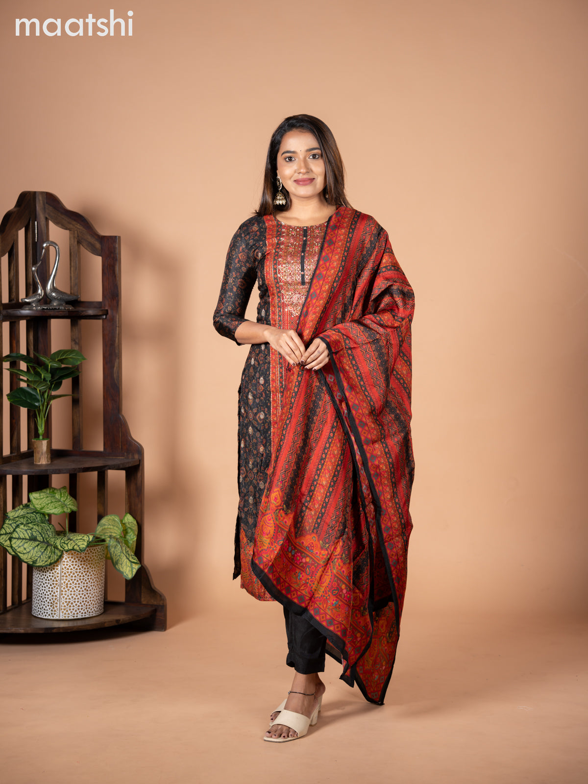 Banarasi silk salwar suit black with allover prints & zardosi work neck pattern and straight cut pant & dupatta