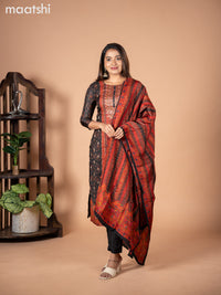 Banarasi silk salwar suit black with allover prints & zardosi work neck pattern and straight cut pant & dupatta