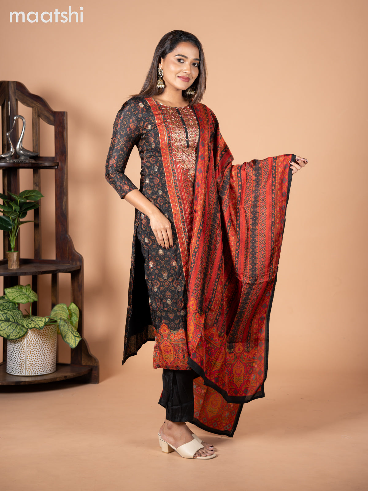 Banarasi silk salwar suit black with allover prints & zardosi work neck pattern and straight cut pant & dupatta