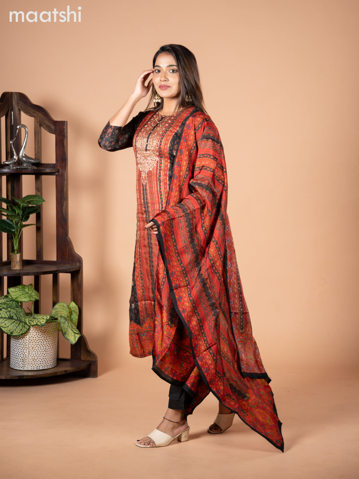 Banarasi silk salwar suit black with allover prints & zardosi work neck pattern and straight cut pant & dupatta