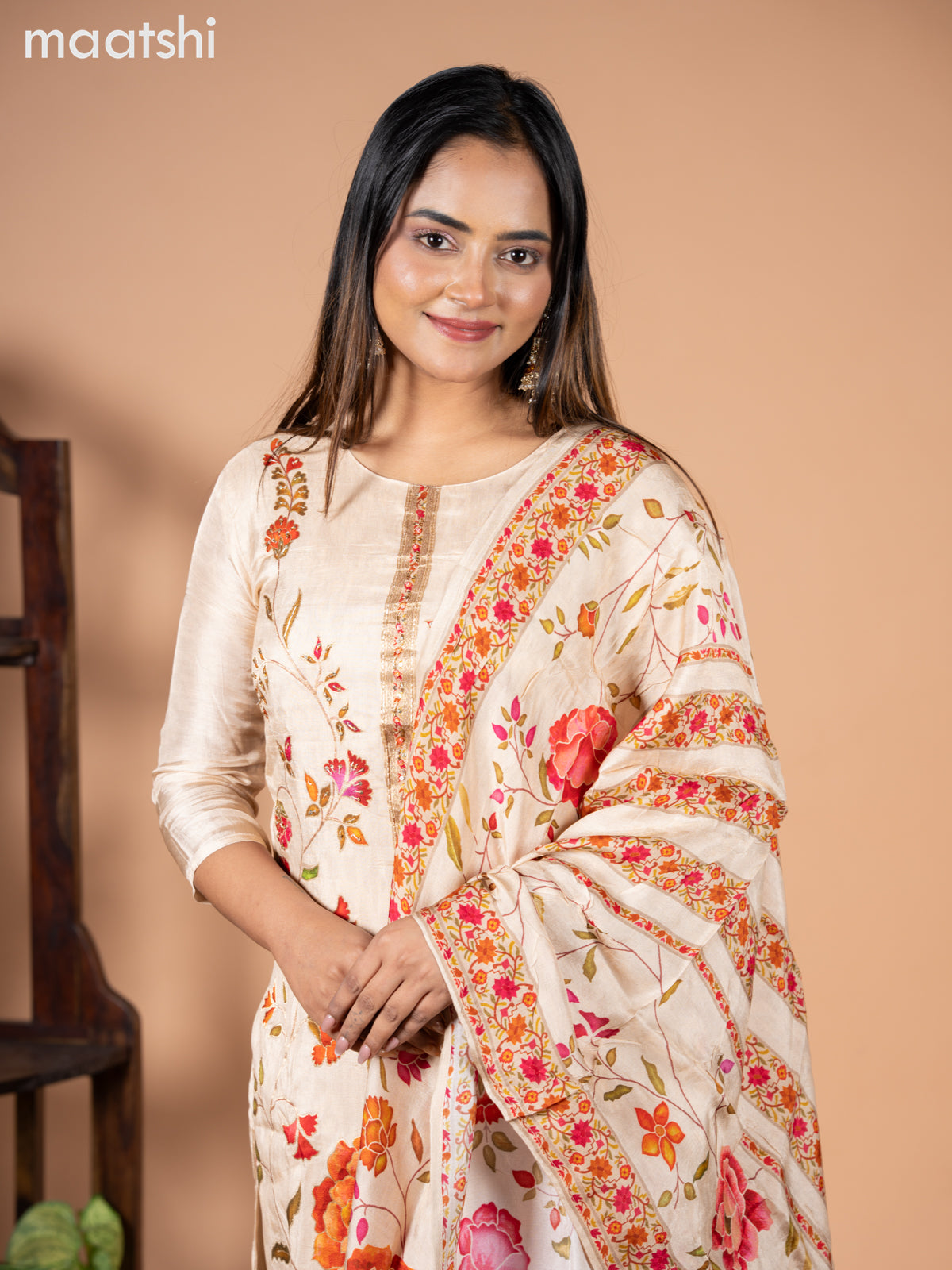 Banarasi silk salwar suit sandal with allover floral prints & cut beads and straight cut pant & dupatta
