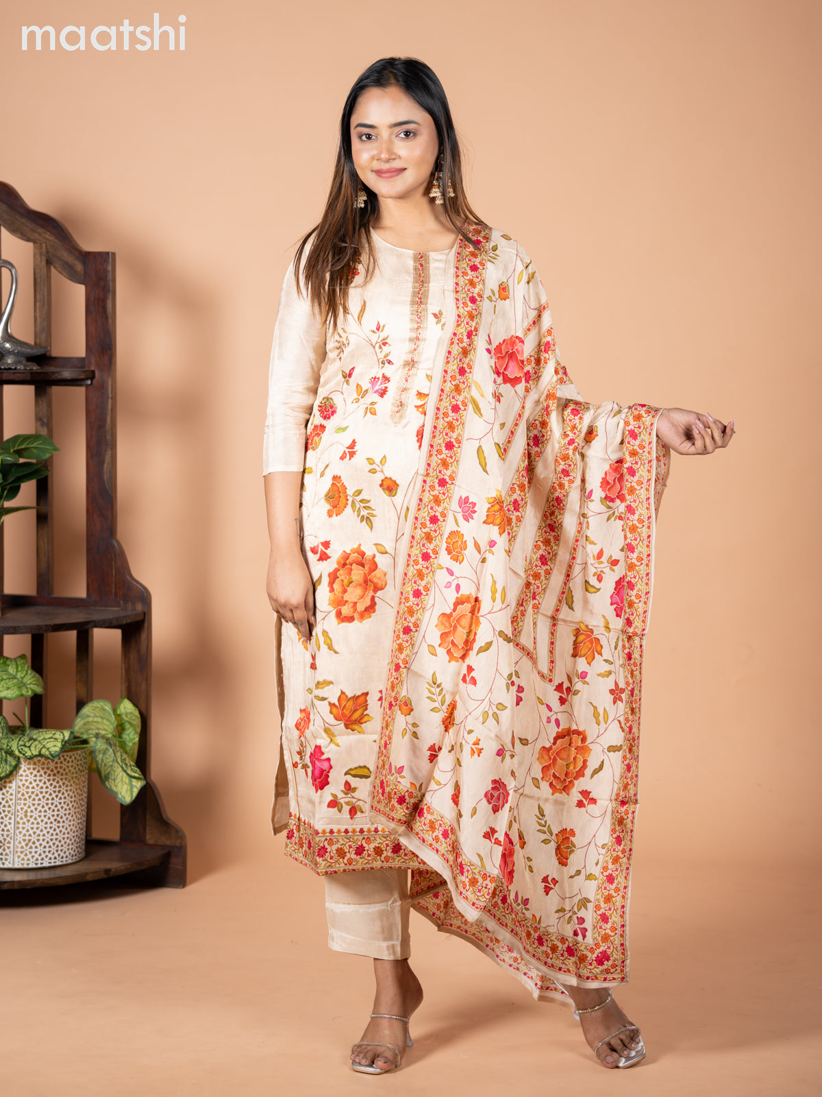 Banarasi silk salwar suit sandal with allover floral prints & cut beads and straight cut pant & dupatta