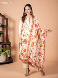 Banarasi silk salwar suit sandal with allover floral prints & cut beads and straight cut pant & dupatta