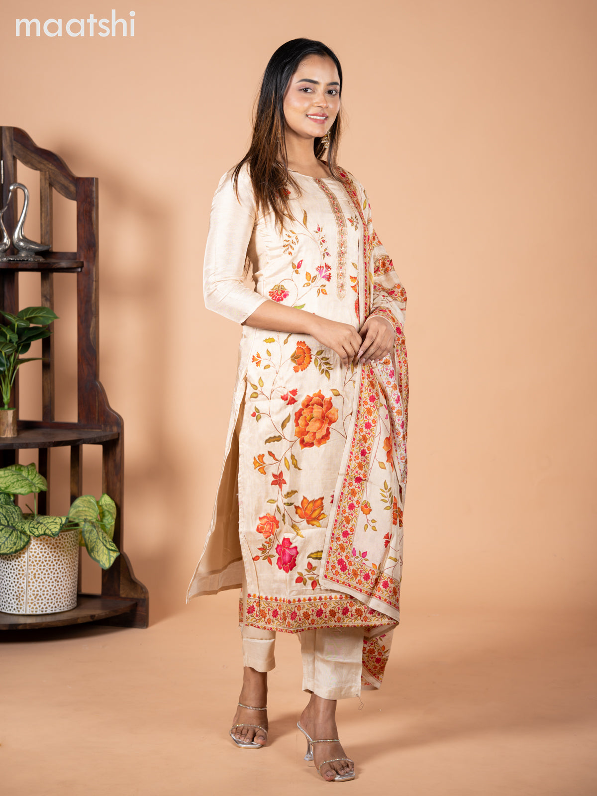 Banarasi silk salwar suit sandal with allover floral prints & cut beads and straight cut pant & dupatta