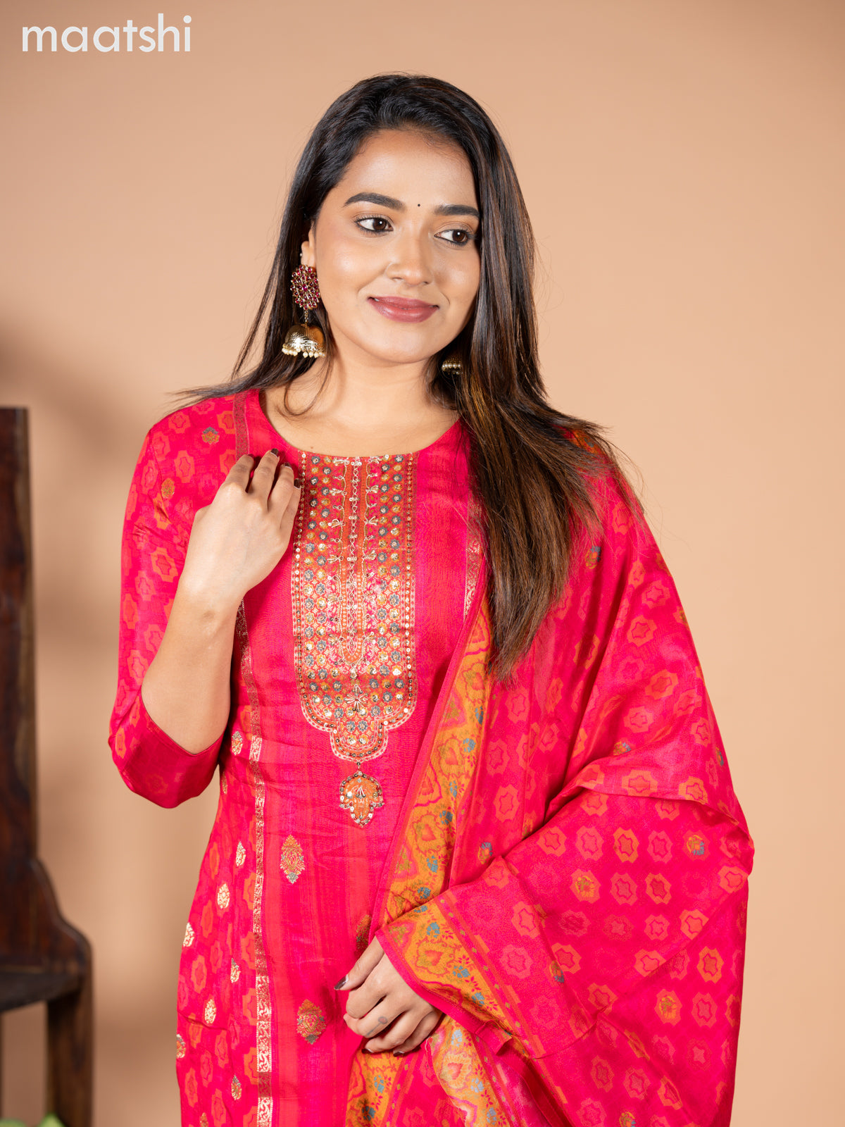 Banarasi silk salwar suit pink with allover prints & zardosi work neck pattern and straight cut pant & dupatta