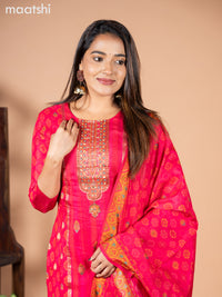 Banarasi silk salwar suit pink with allover prints & zardosi work neck pattern and straight cut pant & dupatta