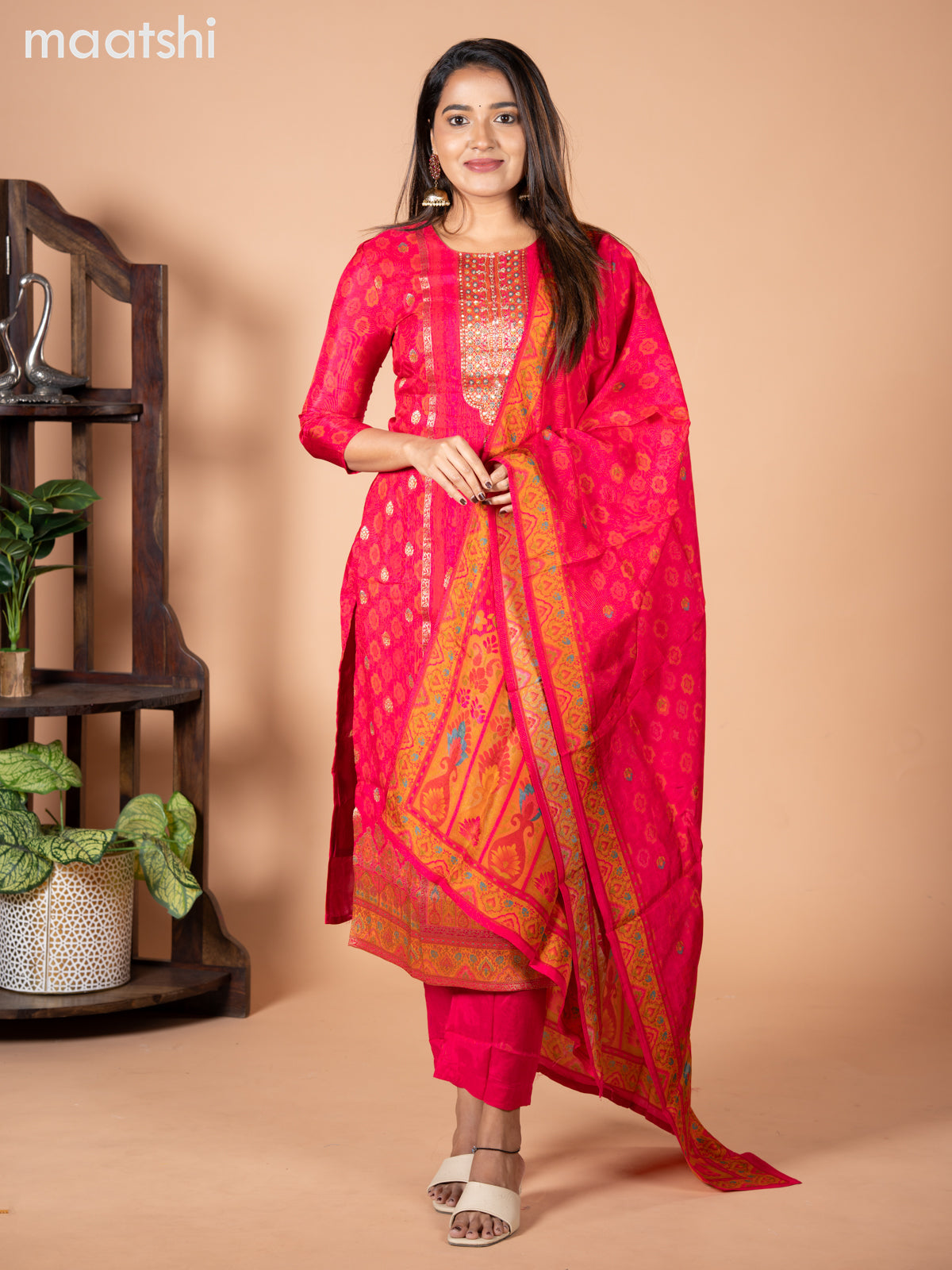 Banarasi silk salwar suit pink with allover prints & zardosi work neck pattern and straight cut pant & dupatta