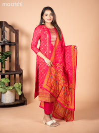 Banarasi silk salwar suit pink with allover prints & zardosi work neck pattern and straight cut pant & dupatta