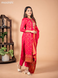 Banarasi silk salwar suit pink with allover prints & zardosi work neck pattern and straight cut pant & dupatta